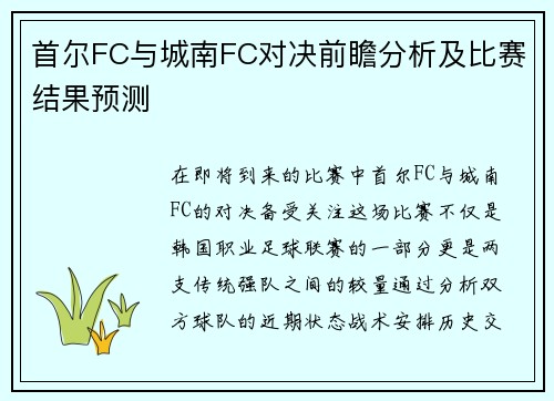 首尔FC与城南FC对决前瞻分析及比赛结果预测
